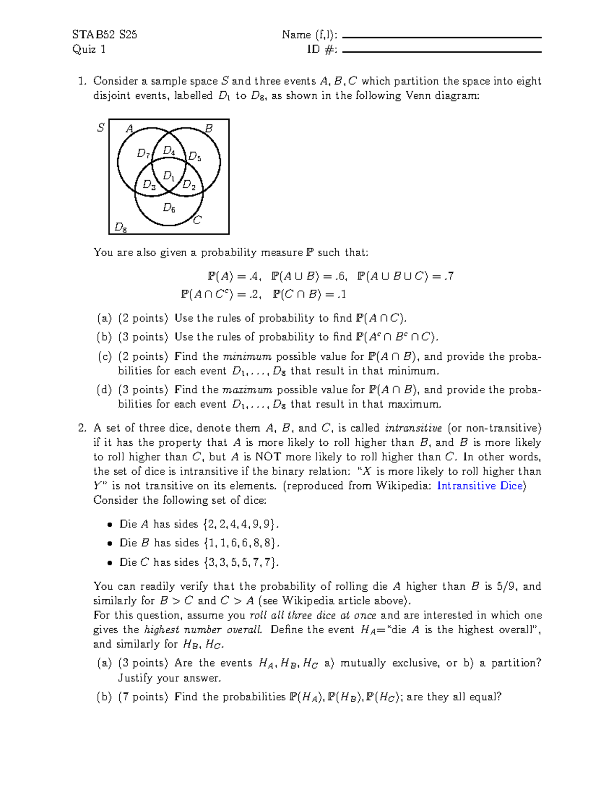 STAB52 S25 Quiz 1 - Probability and Intransitive Dice Analysis - Studocu