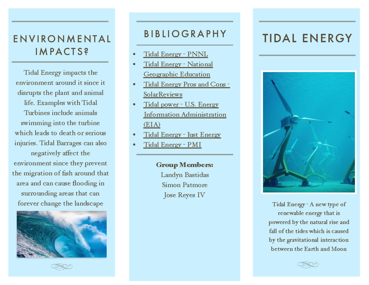 ENVIRONMENTAL IMPACTS OF TIDAL ENERGY (ENV 101) - A Study Guide - Studocu