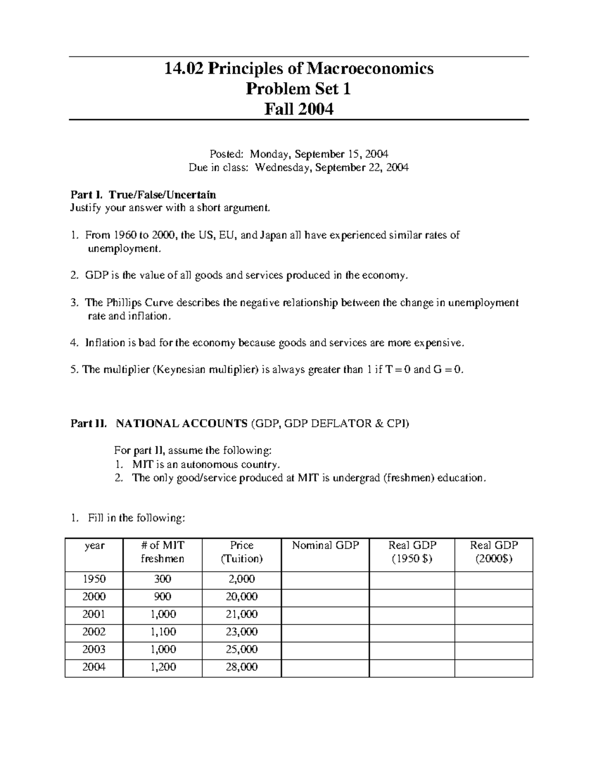14.02 Principles of Macroeconomics Problem Set 1 - Fall 2004 - Studocu
