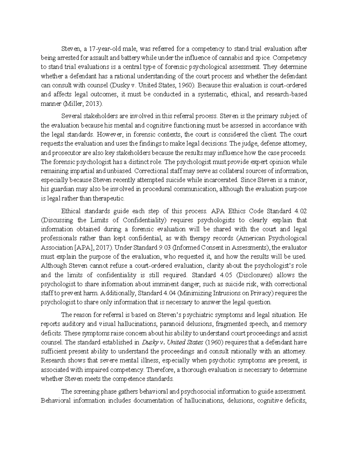 Competency Evaluation of Steven: Forensic Assessment Insights (PSY 501 ...