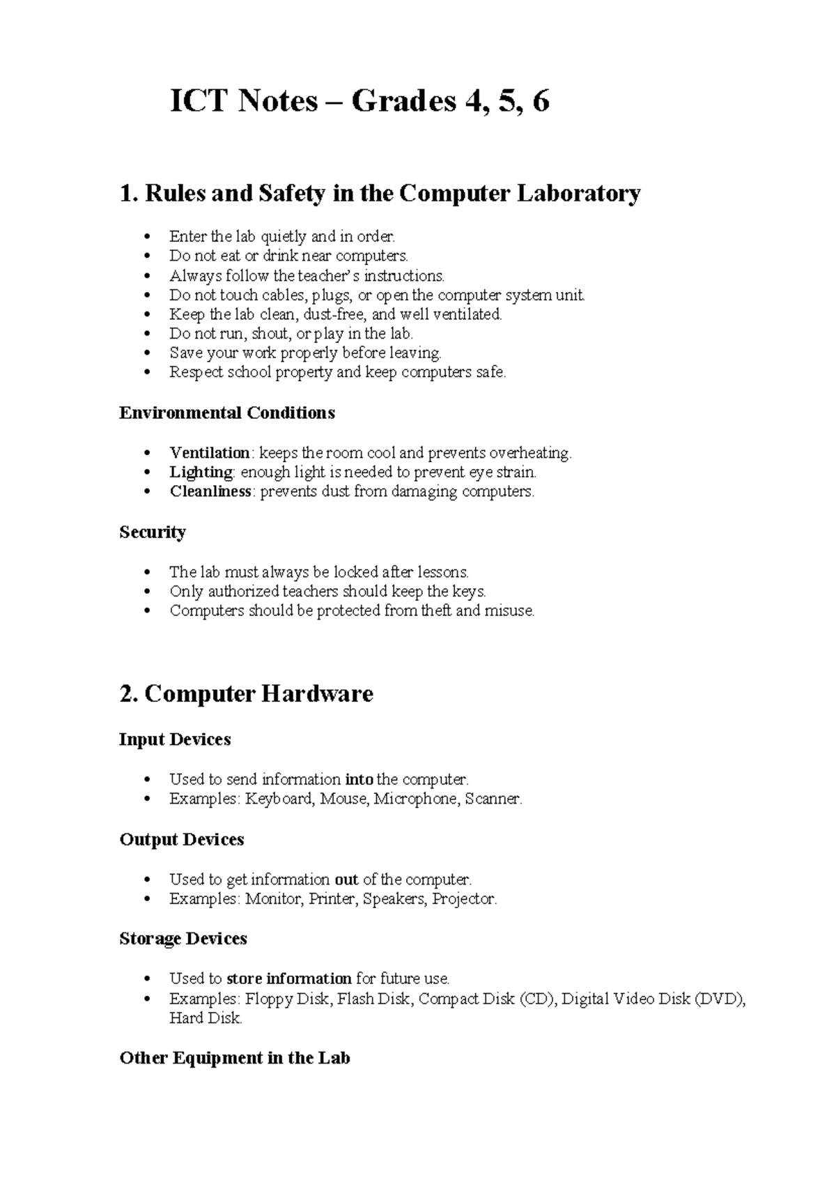 ICT Notes: Rules & Safety in Computer Lab (Grades 4-6) - Studocu