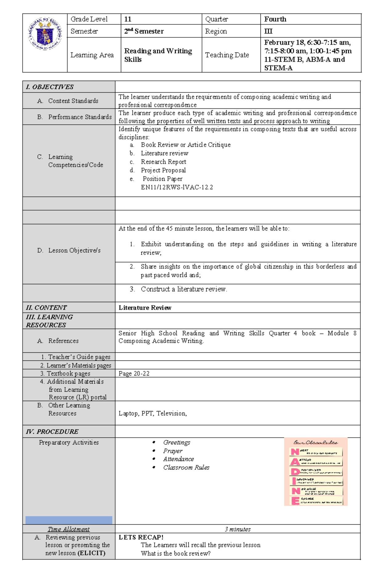 Grade 11 Reading & Writing Skills: Module 8 Lesson Plan - Studocu