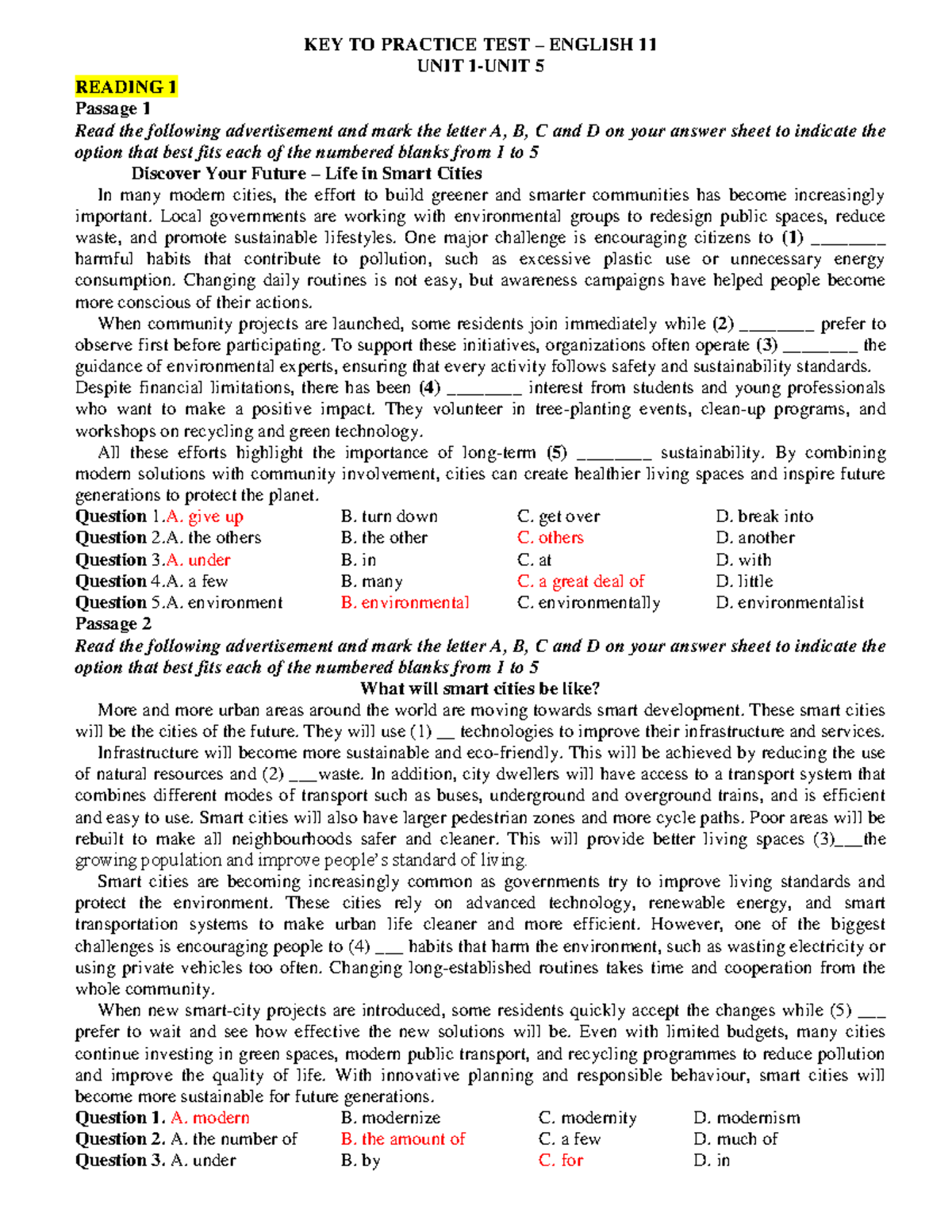 CT - KEY to Practice Test - English 11 (Units 1-5) - Studocu