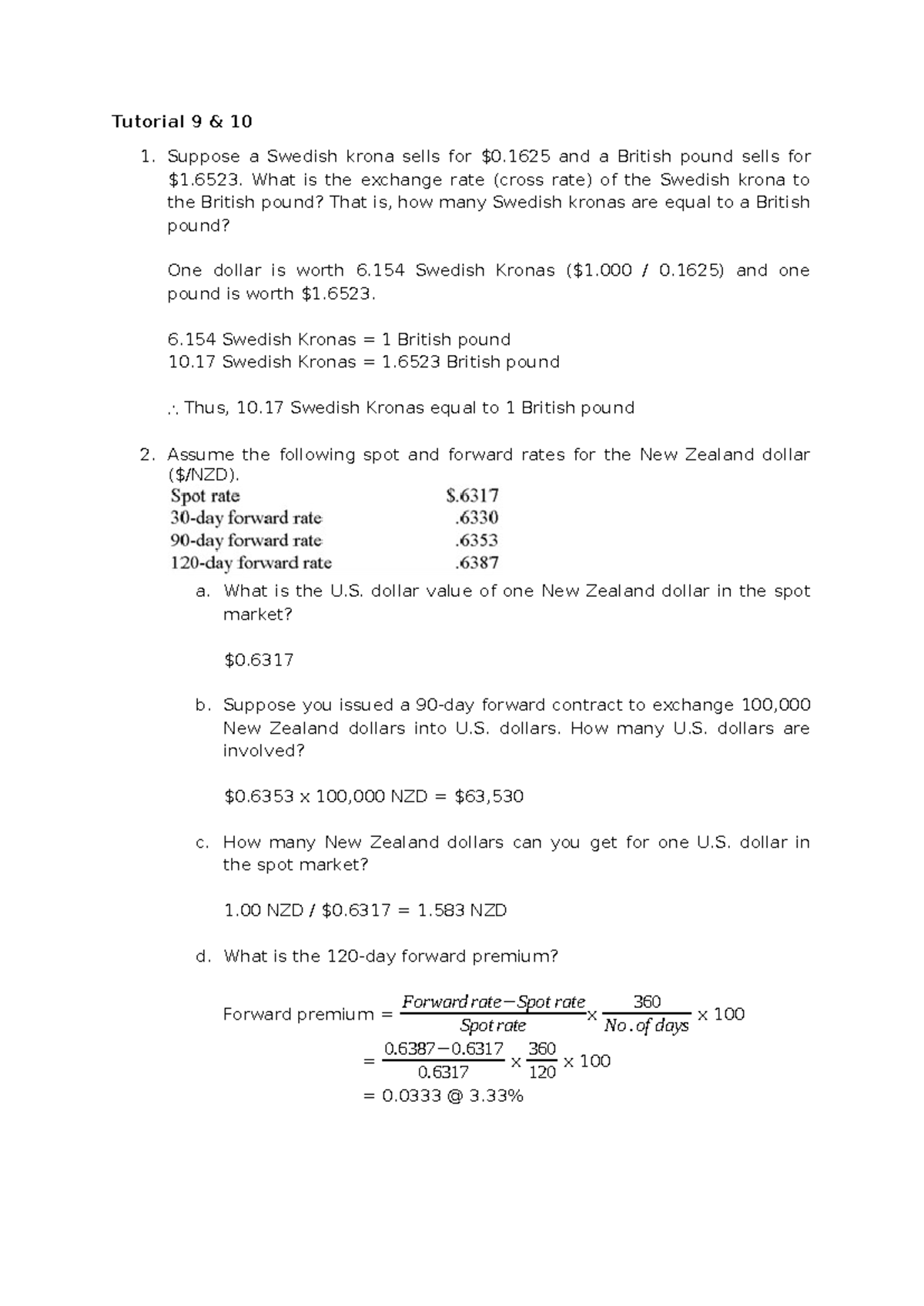 CTM Tutorial 9 & 10: Exchange Rates & Forward Contracts Analysis - Studocu