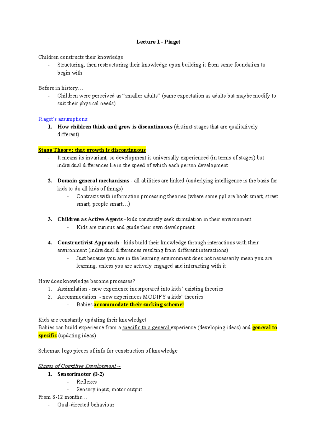 Psych 2AA3 Lecture Notes: Piaget & Vygotsky on Cognitive Development ...