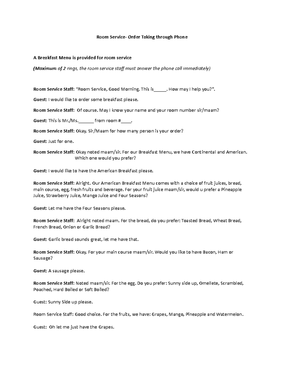 Room Service Script for Breakfast Orders - Nice - Studocu