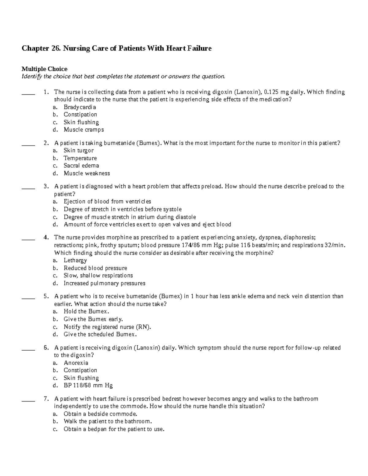 Ch26 - Heart Failure Nursing Care Practice Test Questions - Studocu