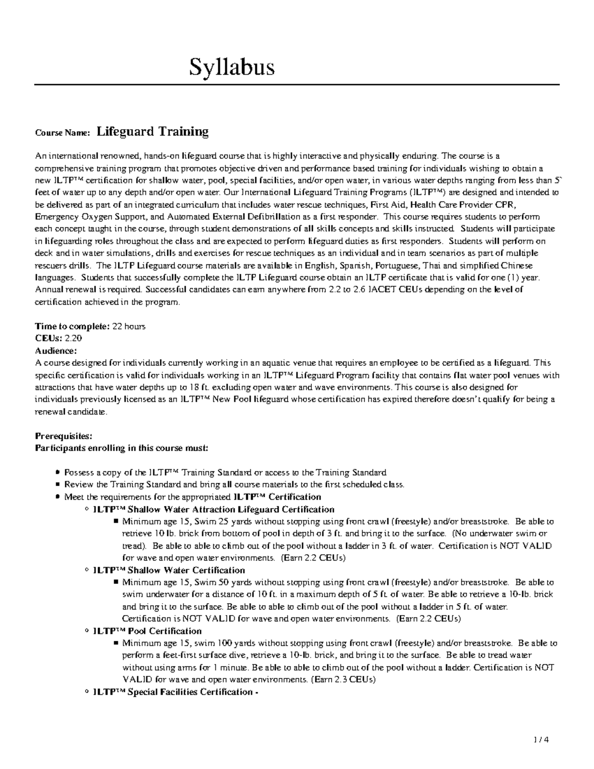 Syllabus ILTP 45: Lifeguard Training Course Overview and Requirements ...