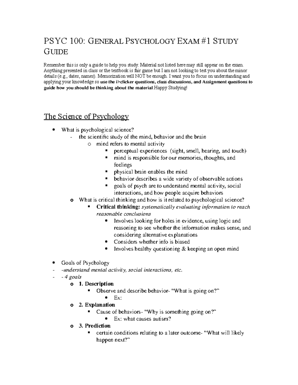 PSYC 100: General Psychology Exam 1 Study Guide Overview - Studocu