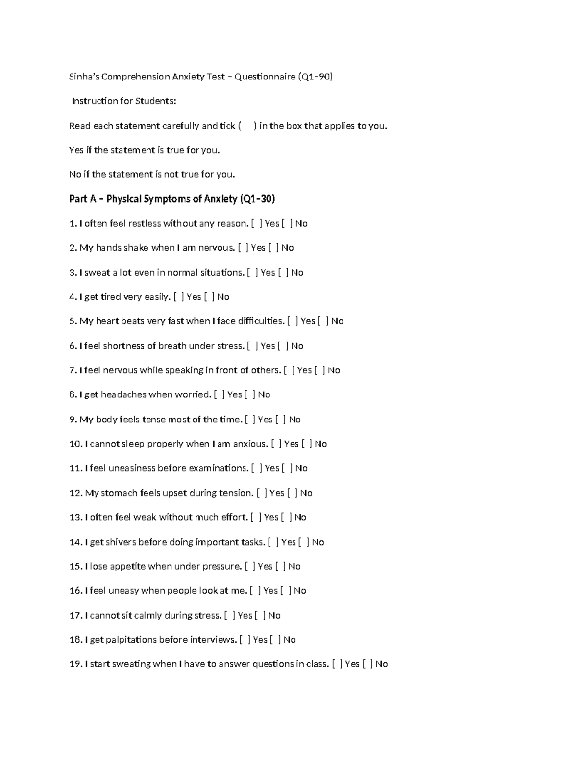 Sinha's Comprehension Anxiety Test Questionnaire Instructions - Studocu