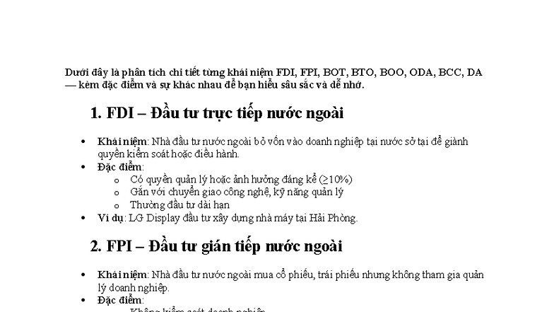 Phân biệt các hình thức đầu tư: FDI, FPI, BOT, BTO, BOO, ODA, BCC, DA ...