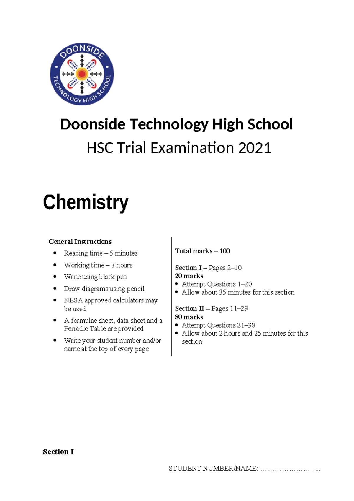 Chemistry HSC Trial Exam 2021 Questions and Answers - Studocu