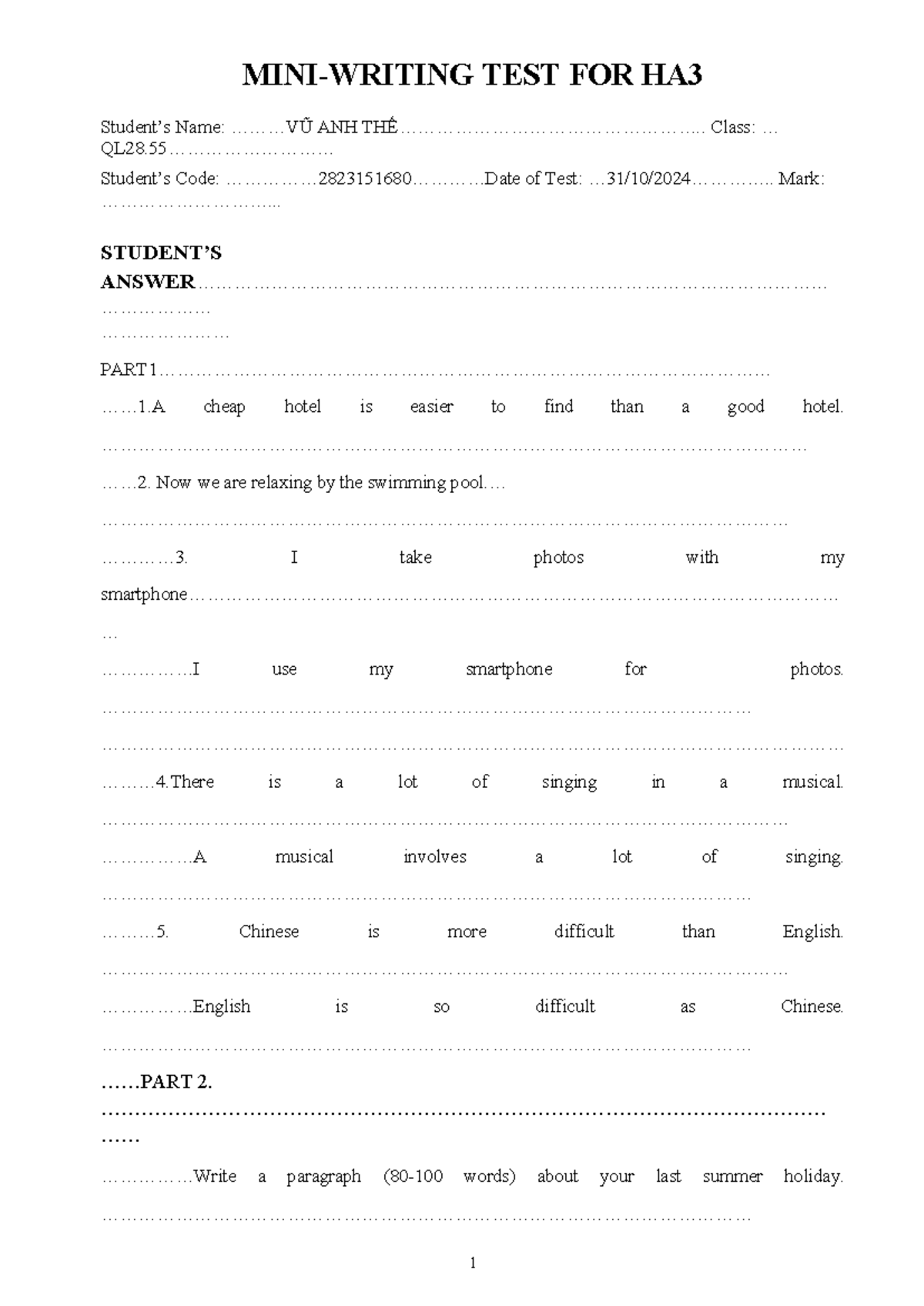 HA 3 Mini-Writing Test Answer Sheet Submission - Studocu