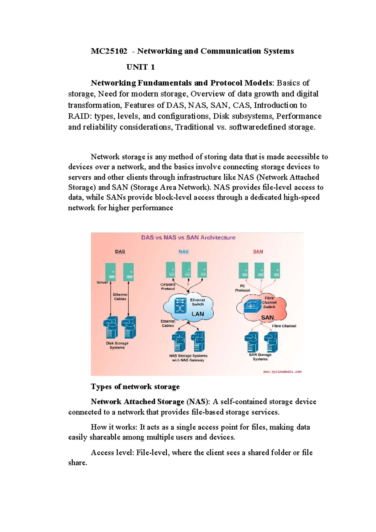 MC25102 NCS - Unit 1: Networking Fundamentals & Storage Solutions - Studocu