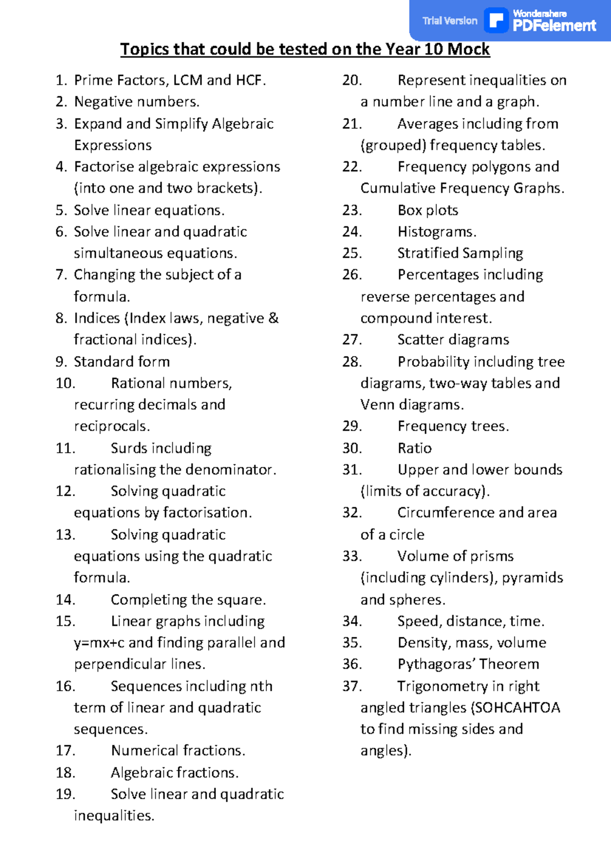 Year 10 Mock Exam Topics: Key Math Concepts to Review - Studocu
