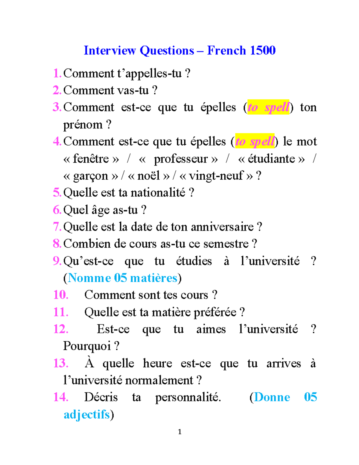 Interview Questions for French 1500: Comprehensive Guide - Studocu