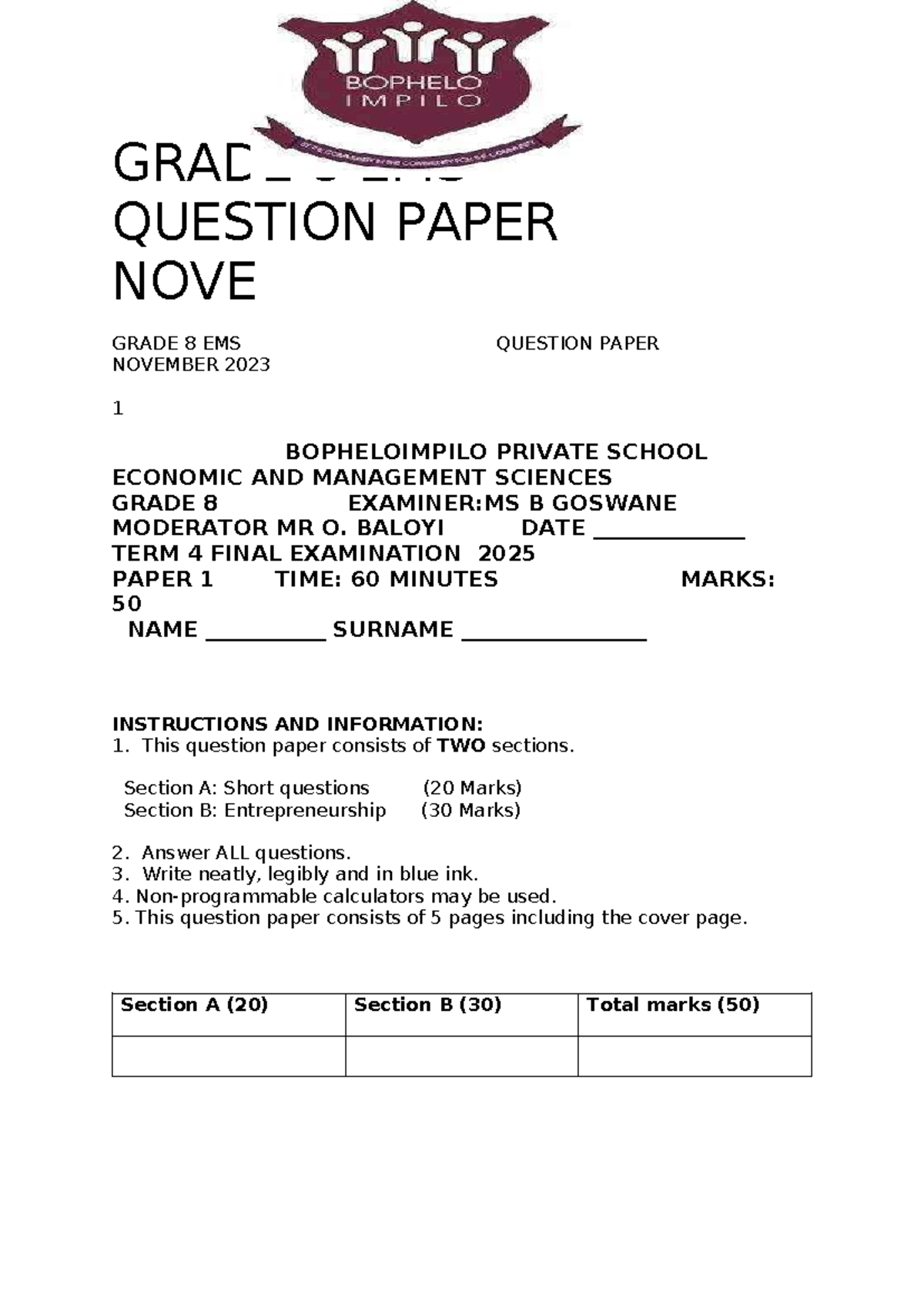 GRADE 8 EMS TERM 4 FINAL EXAMINATION PAPER 1 NOV 2025 - Studocu