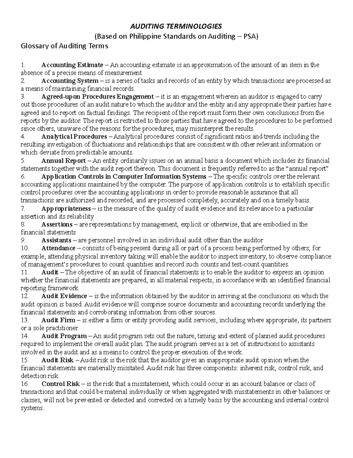 Philippine Standards on Auditing (PSA) - Essential Terminologies Guide ...