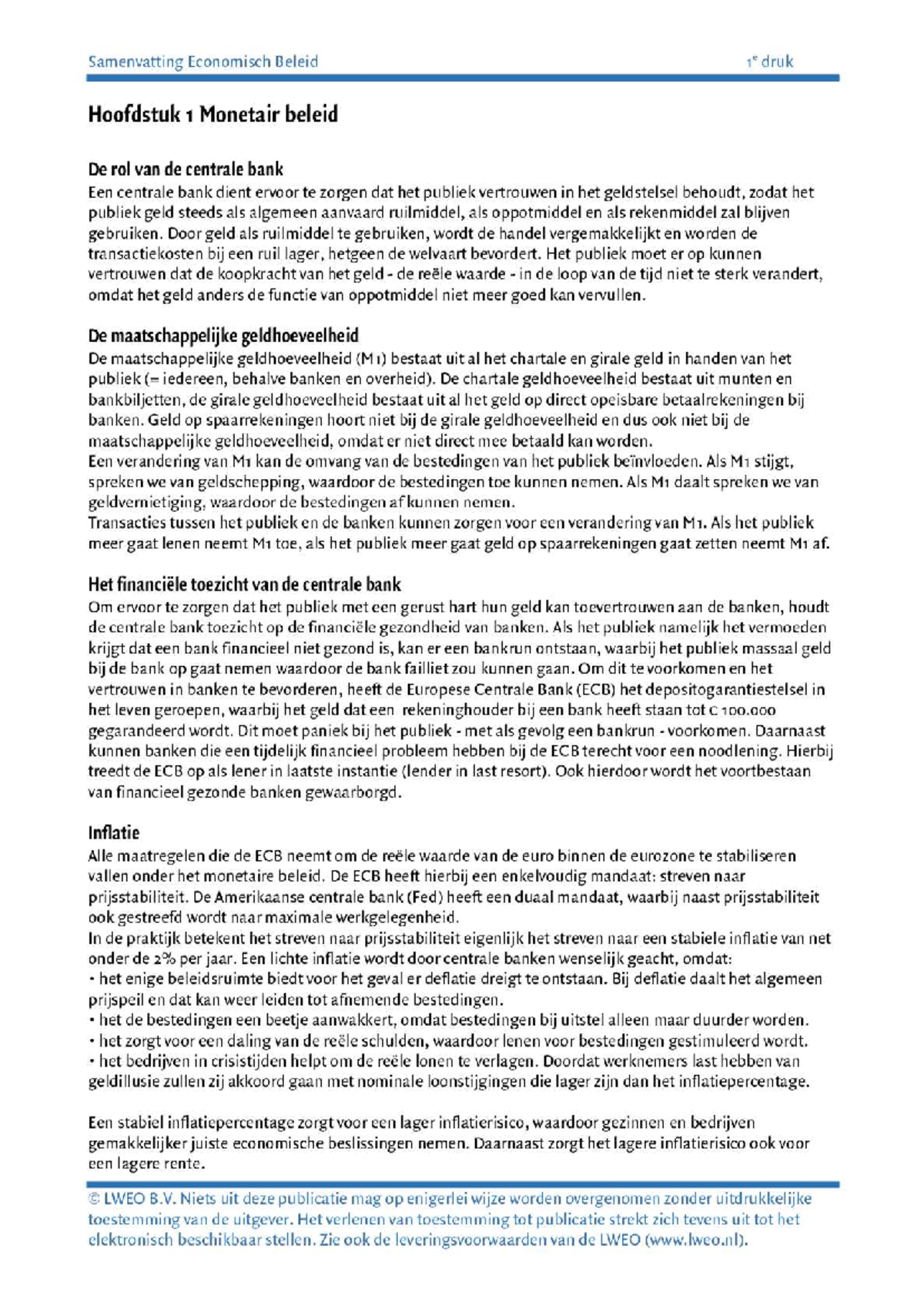 Samenvatting Economisch Beleid H1: Monetair Beleid en Inflatie ...