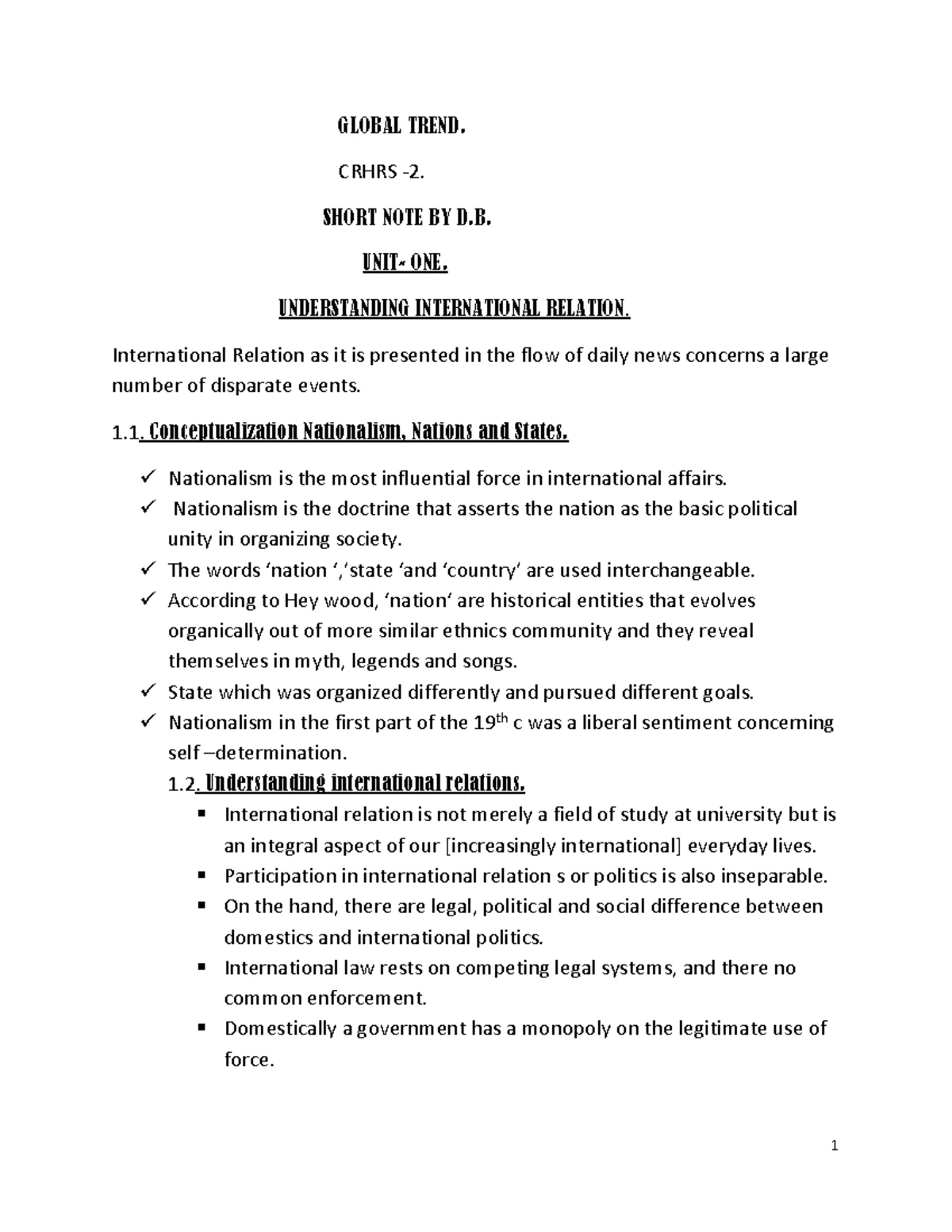 Global Trends: International Relations and National Interest (Ch. 1 & 2 ...