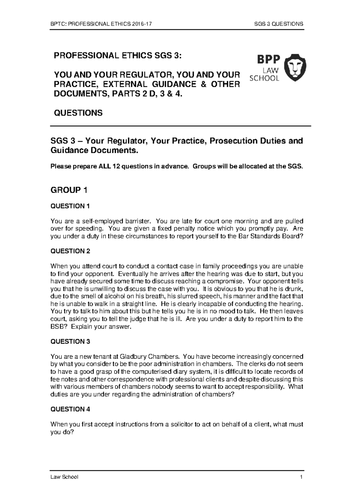 BPTC: Professional Ethics SGS 3 - Essential Questions 2016-17 - Studocu