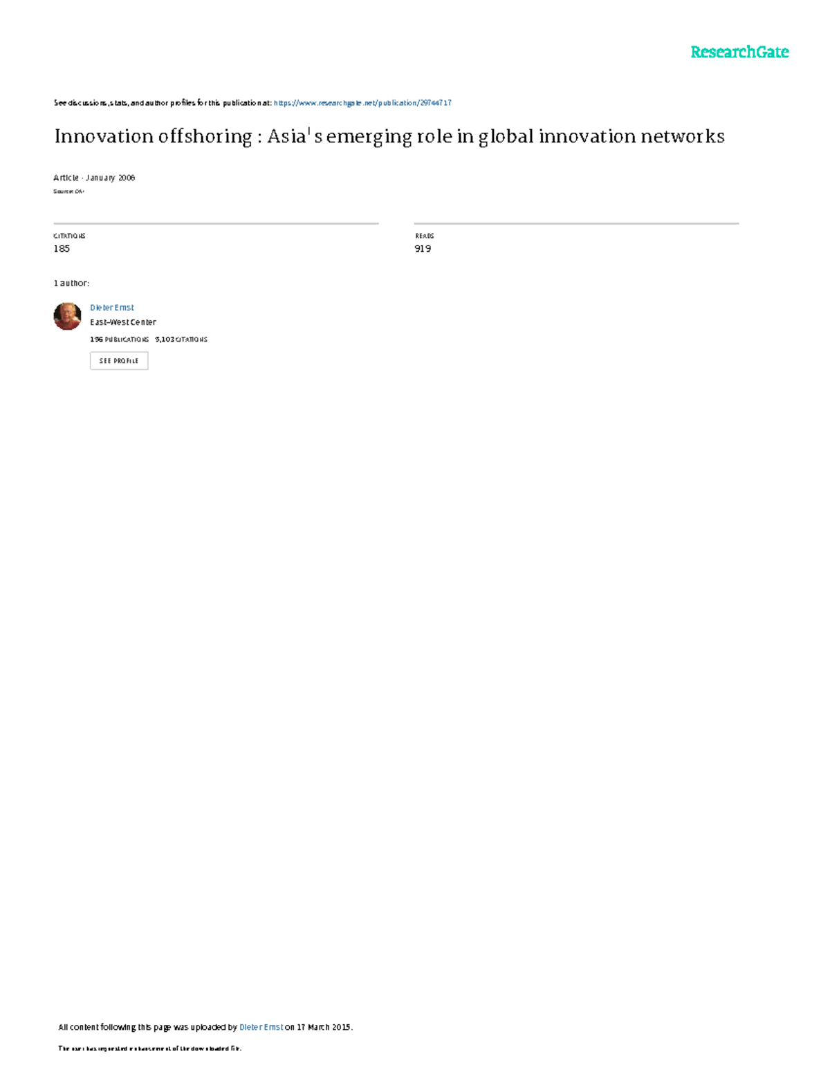 Innovation Offshoring: Asia's Role in Global Innovation Networks - Studocu
