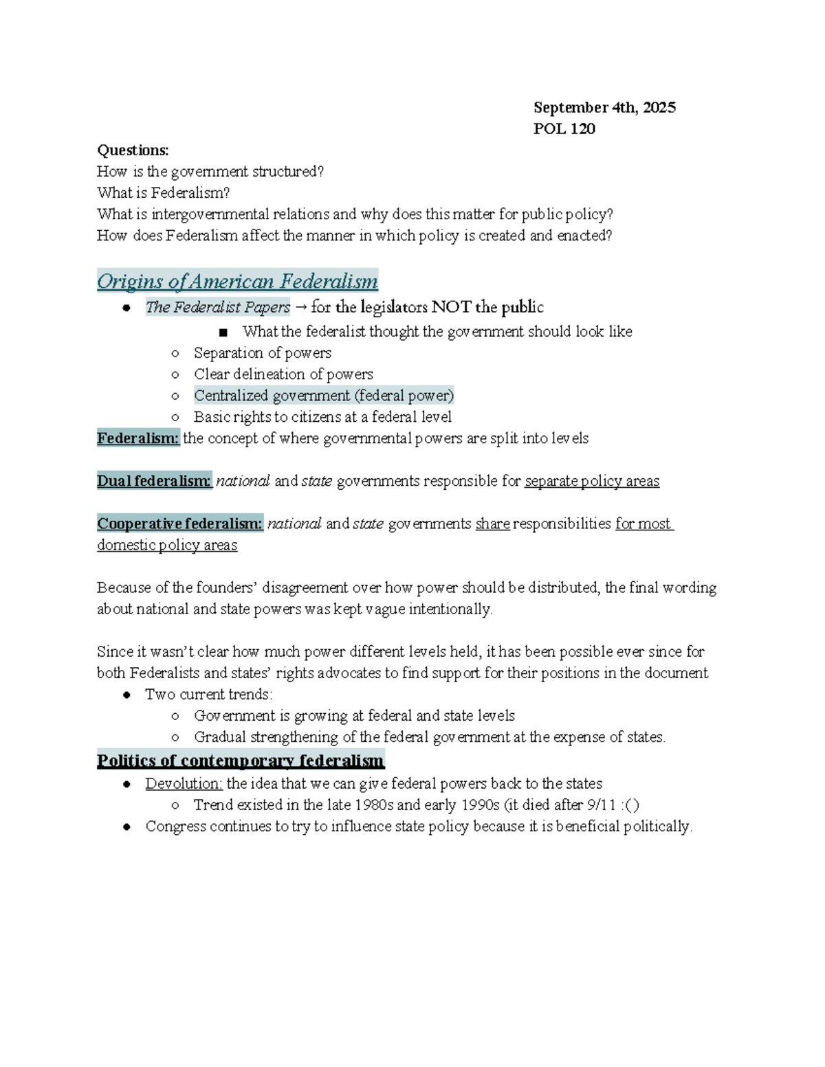 Federalism in America: Structure & Policy Trends - POL 120 - Studocu
