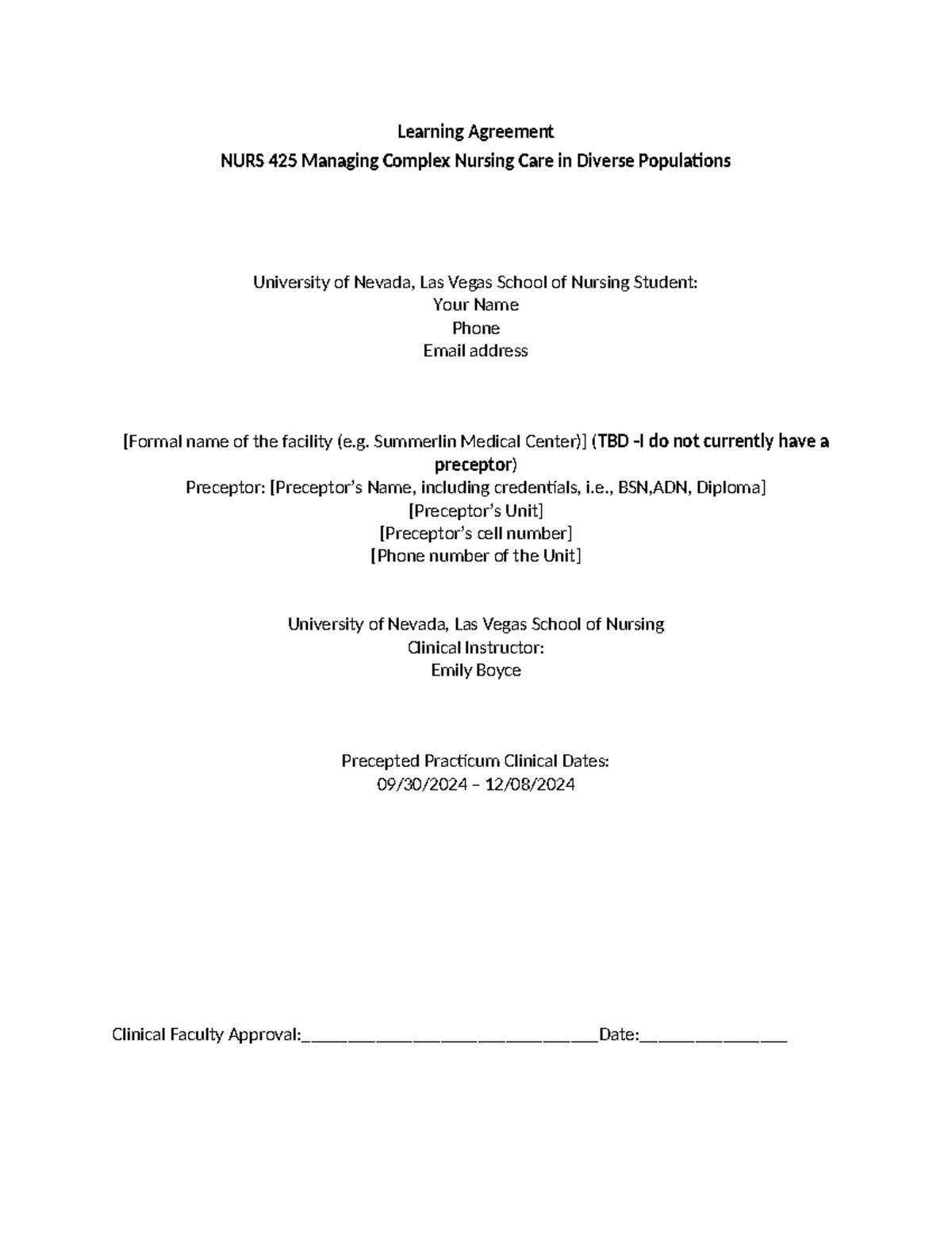 Learning Agreement for NURS 425: Managing Complex Nursing Care in ...
