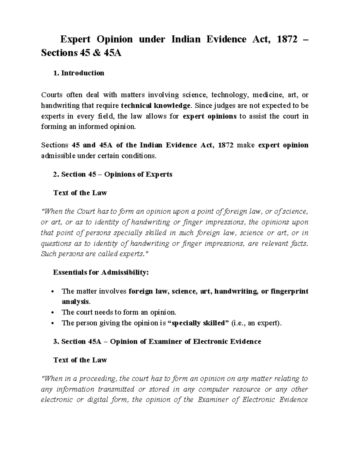 Expert Opinion under Indian Evidence Act, 1872: Sections 45 & 45A ...