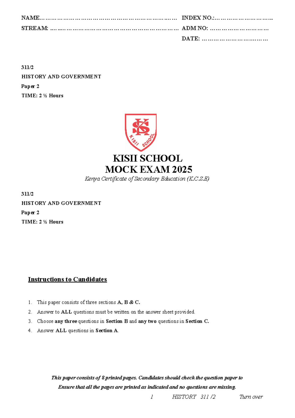 2025 K.C.S.E Kisii School Mock Exam: History & Gov. Paper 2 - Studocu