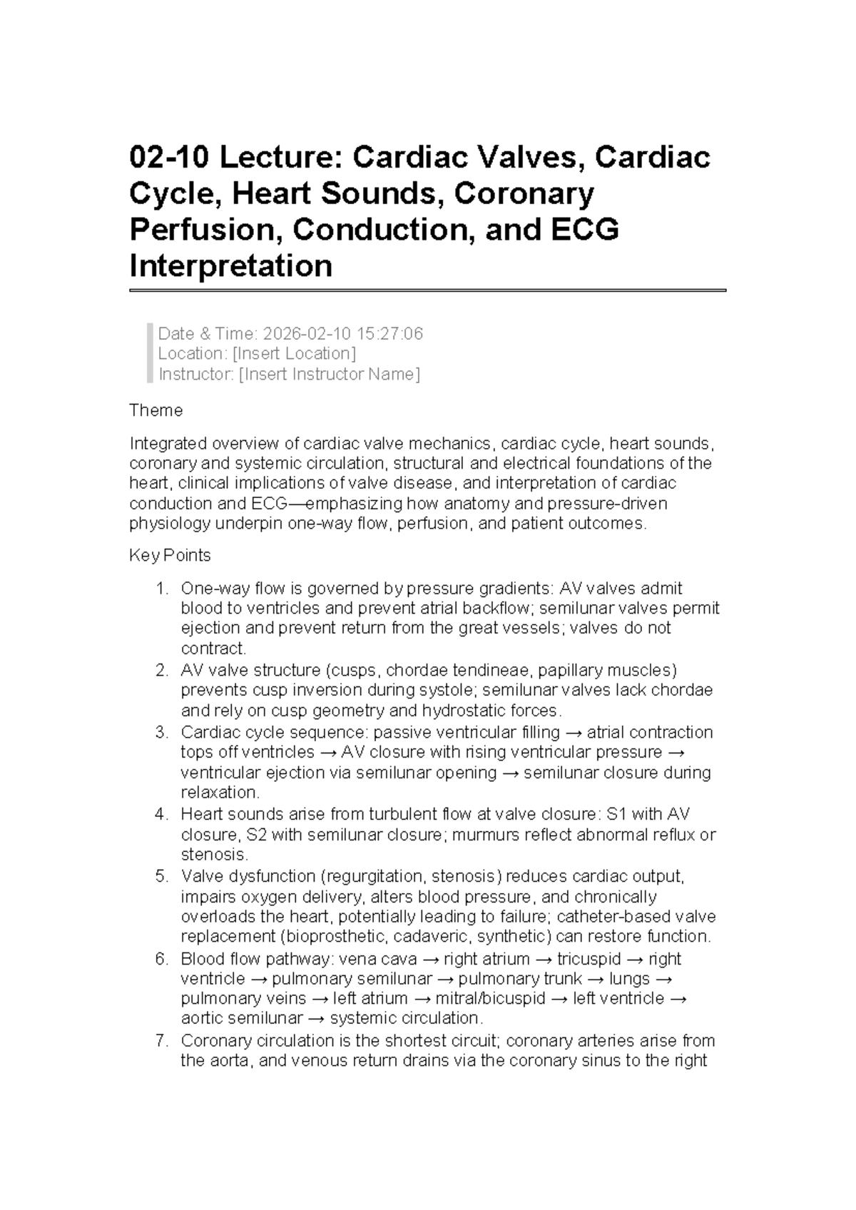 Lecture: Cardiac Valves, Cycle, Sounds, and ECG Interpretation Summary ...