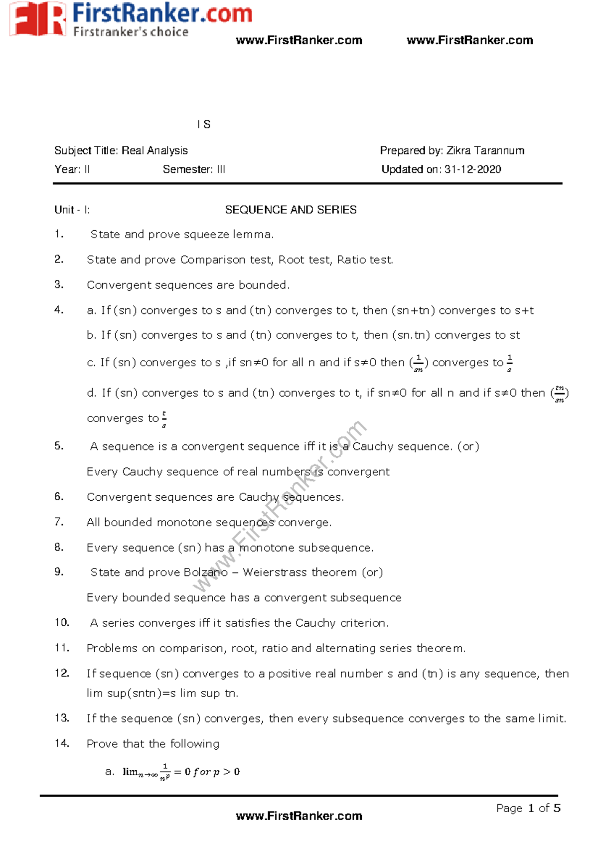 IS 2nd Year Real Analysis Important Questions for Unit I & II - Studocu