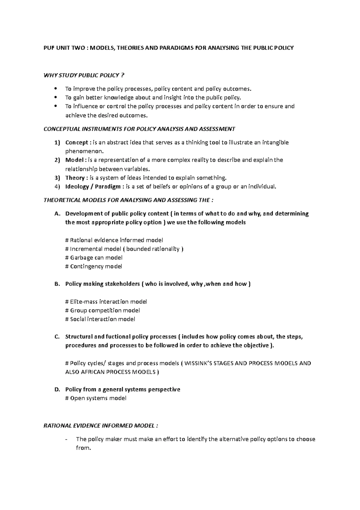 Unit 2 (Part 3): Summary of Theories of Public Policy - Studocu