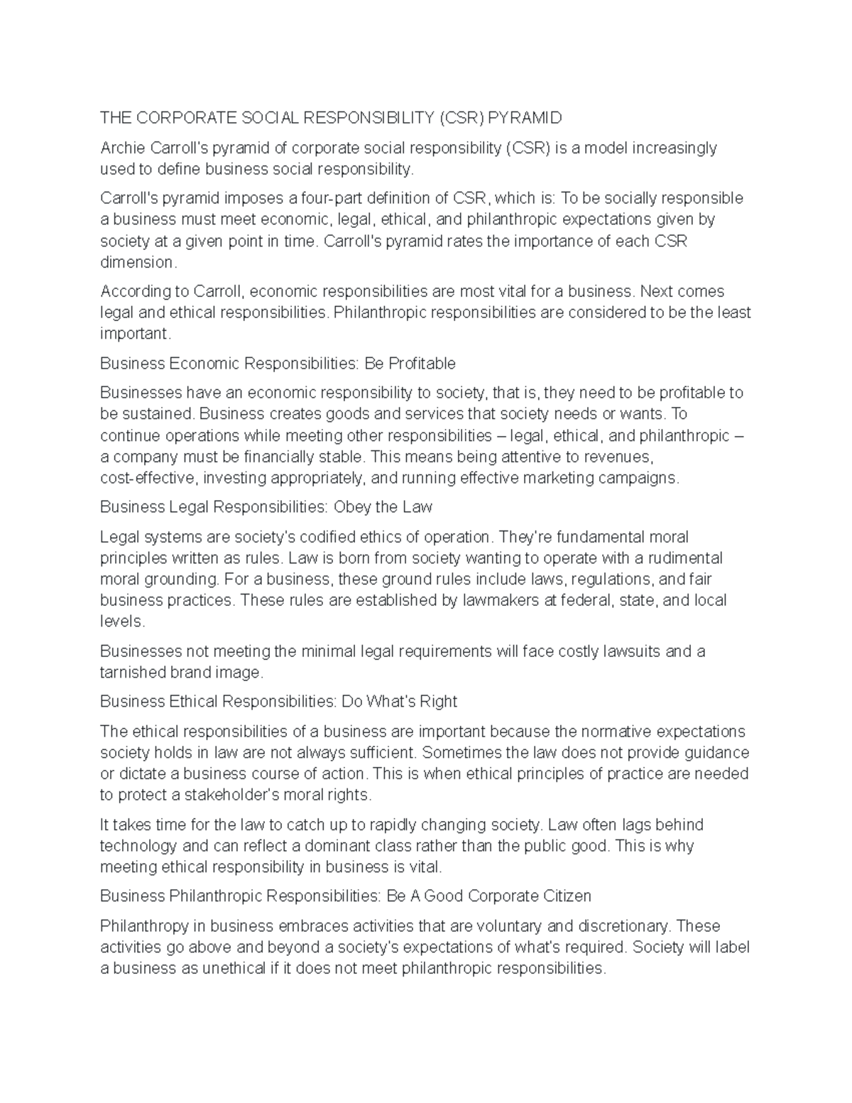 CSR Pyramid Analysis: Understanding Carroll's Model in Depth - Studocu