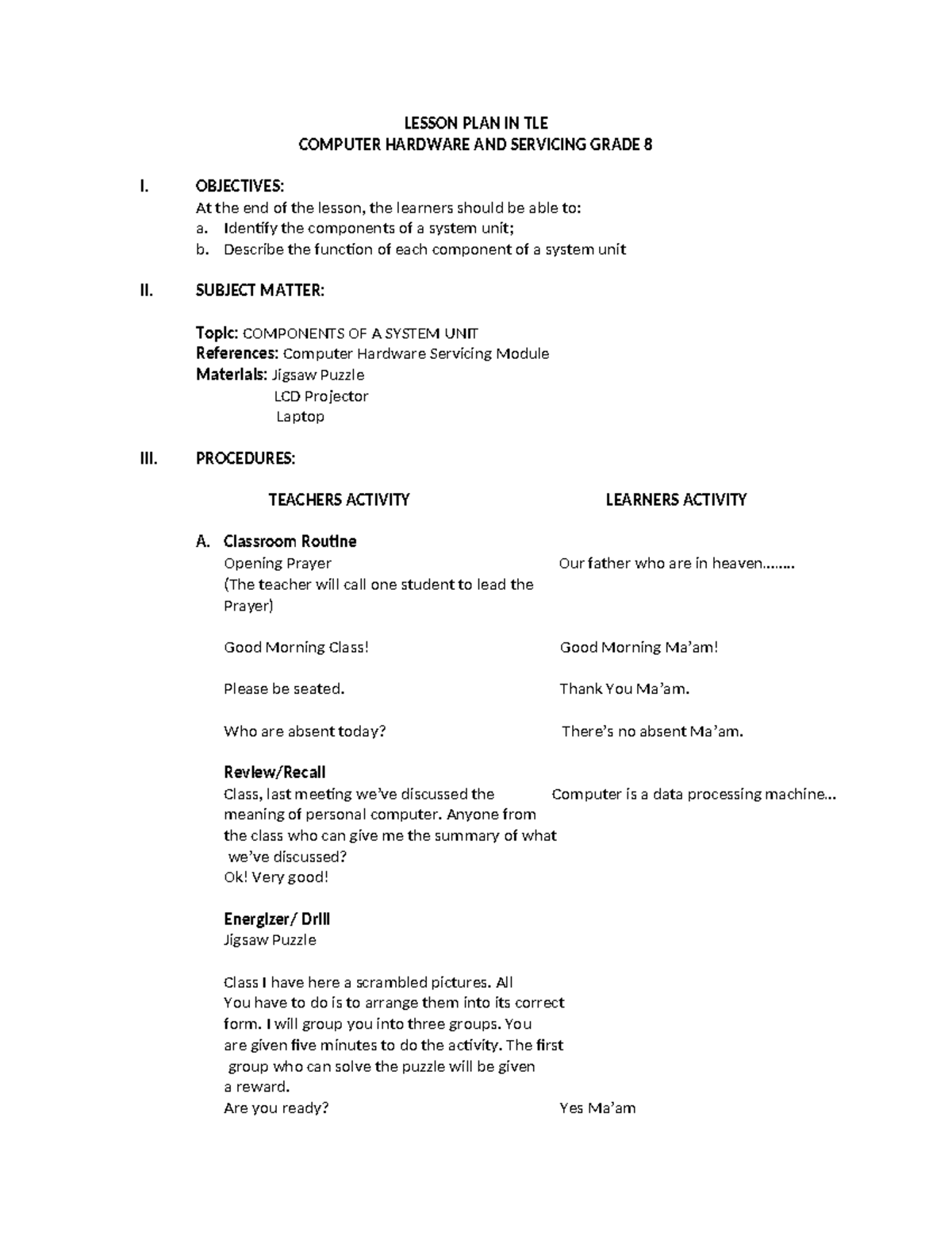 Components OF A System UNIT - LESSON PLAN IN TLE COMPUTER HARDWARE AND ...