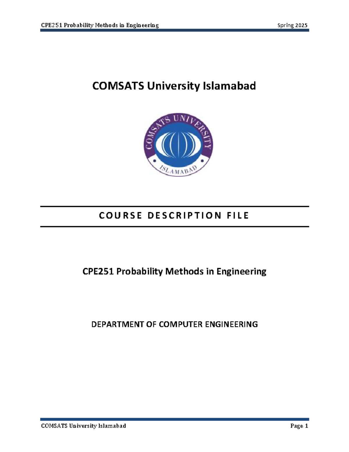 CPE251 Probability Methods in Engineering Course Overview Spring 2025 ...