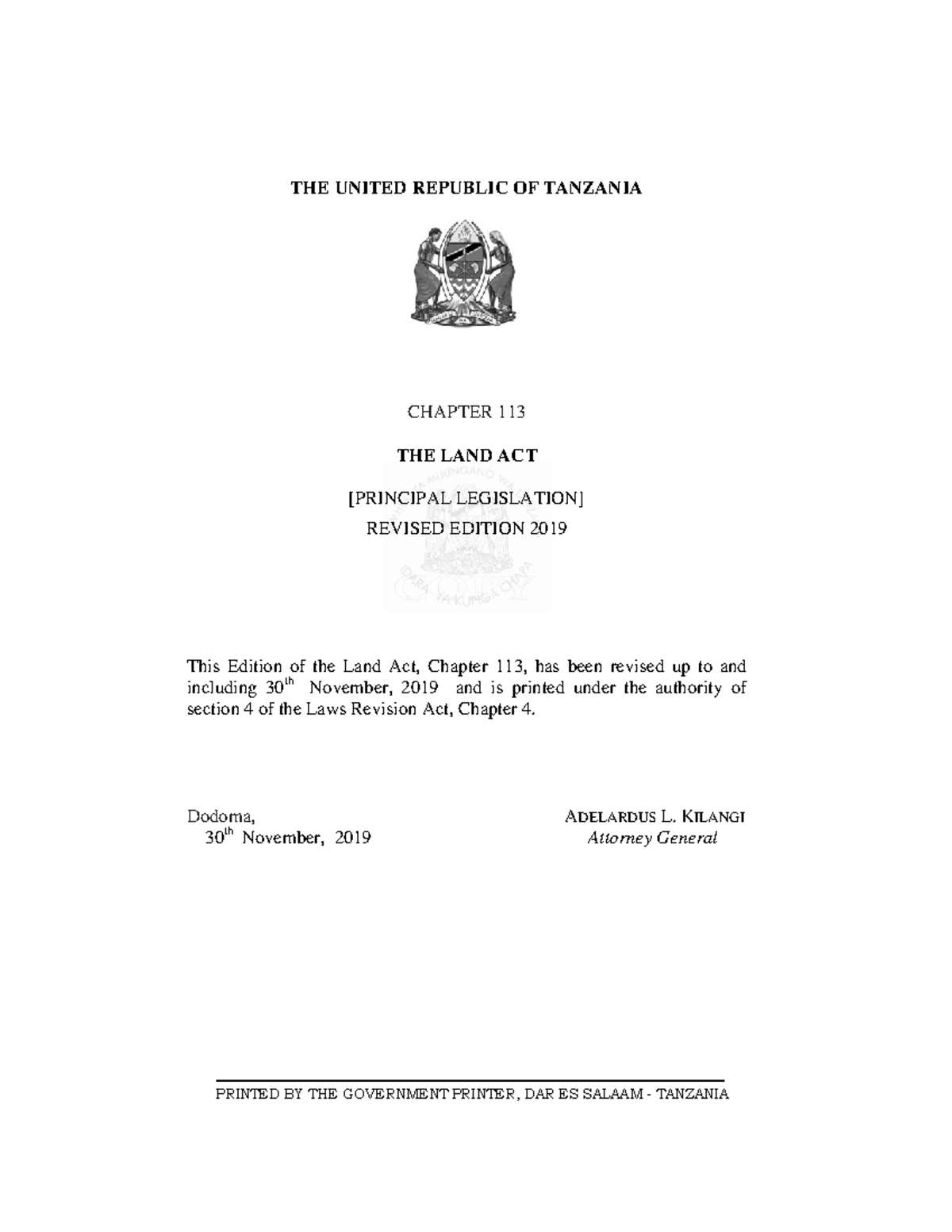 R.E. The Land Act, Chapter 113: Revised Edition 2019 Overview - Studocu