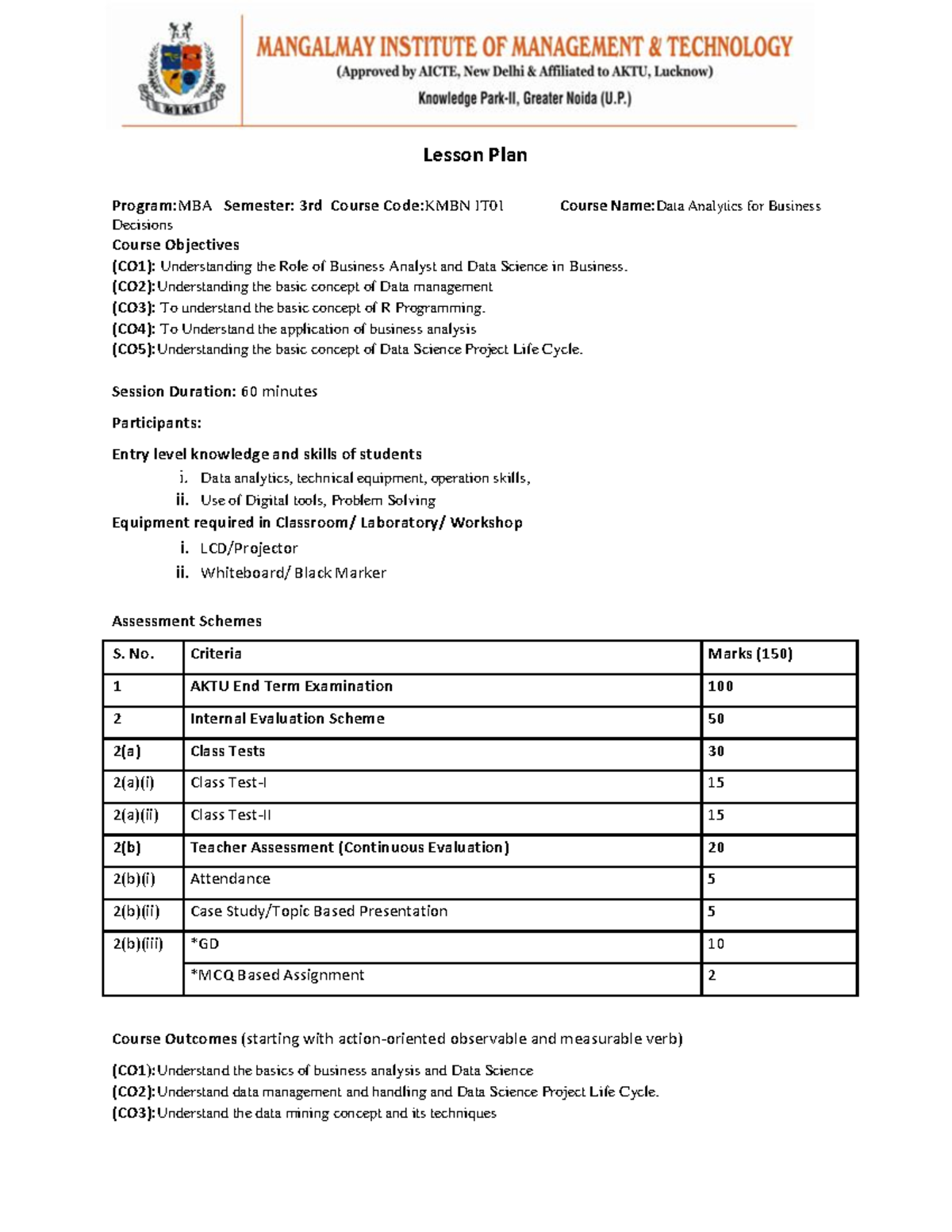 KMBN IT01 DABD - Yggh - Lesson Plan Program:MBA Semester: 3rd Course ...