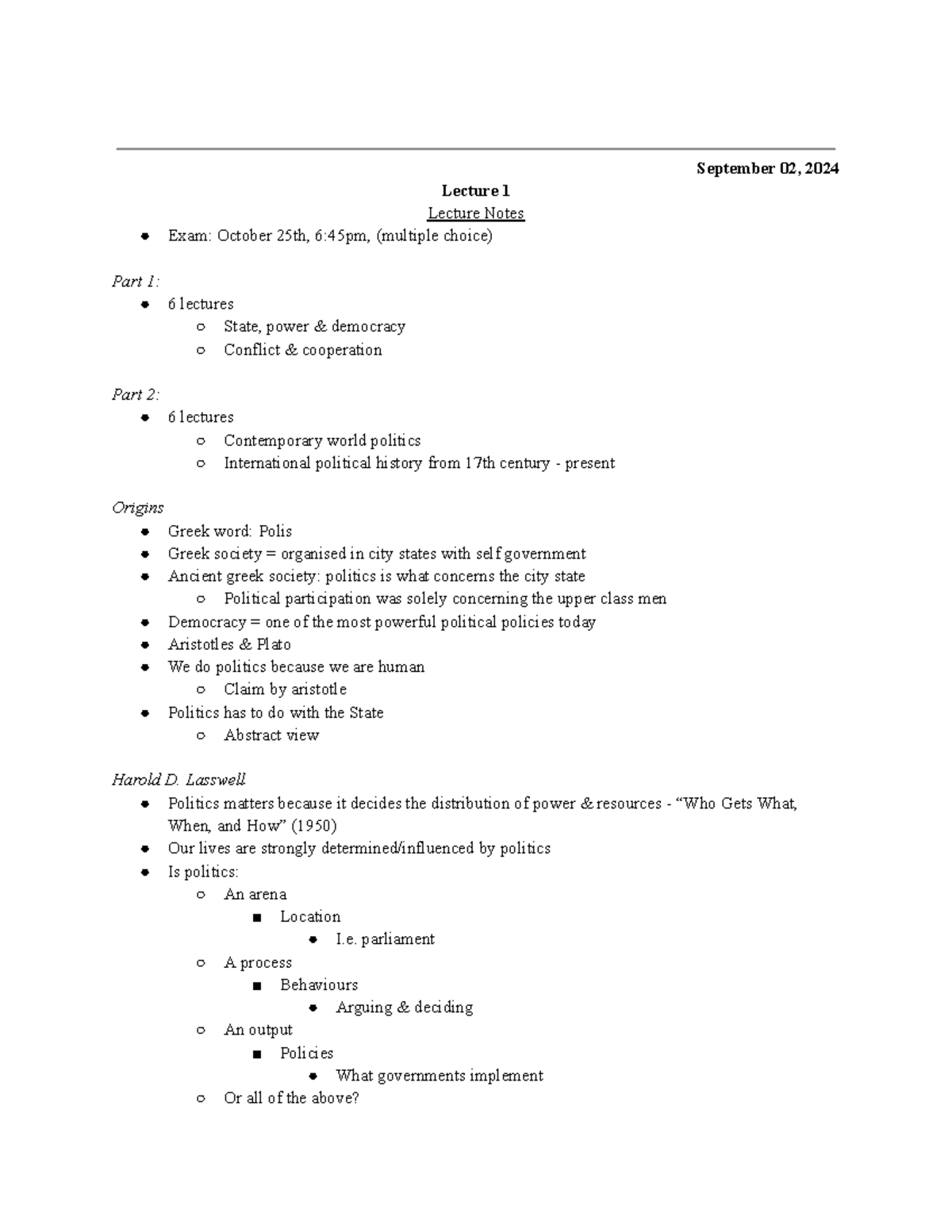 SPC 101 Lecture 1 Notes: Intro to Politics and Ideologies - Studeersnel