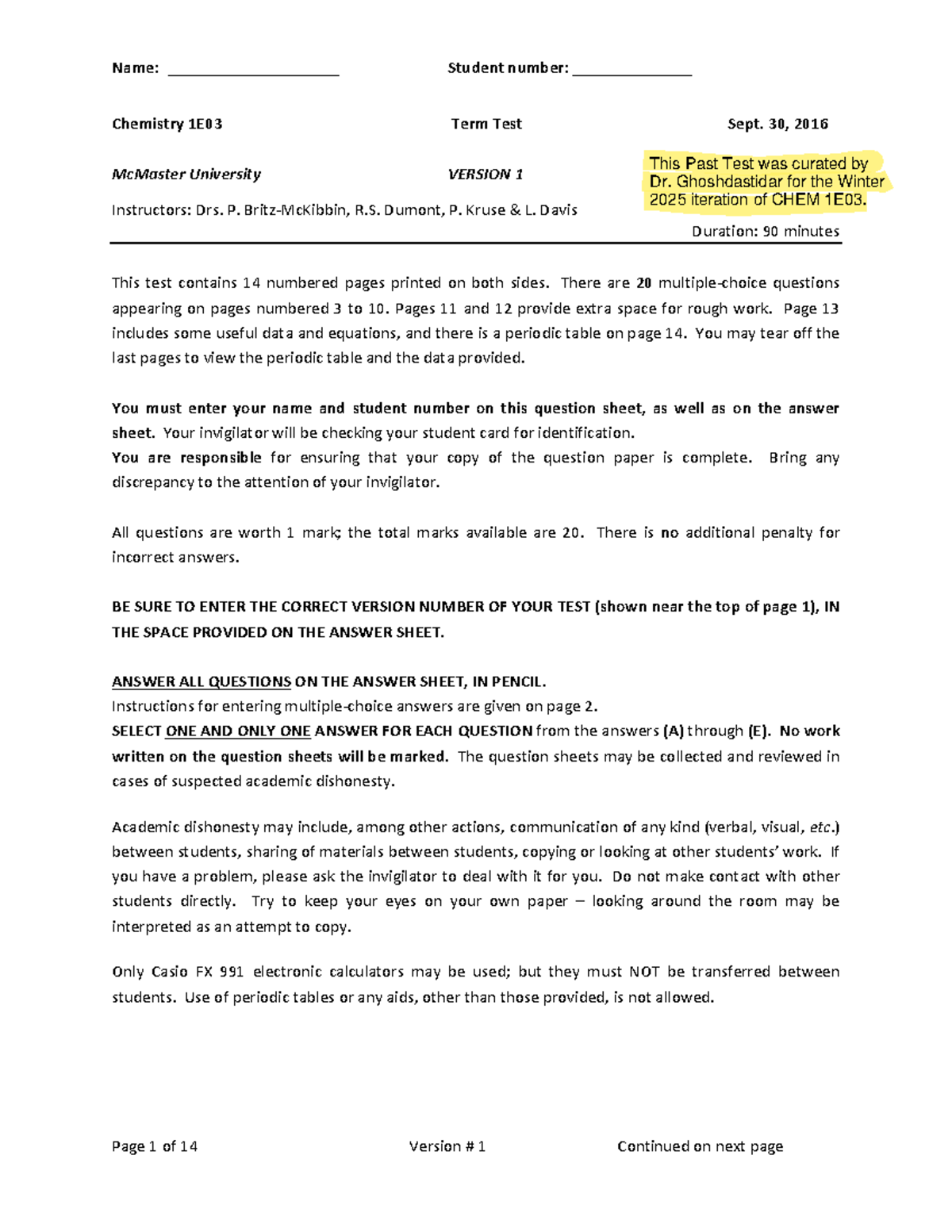 CHEM 1E03 - Winter 2025 Term Test - Past Questions and Instructions ...