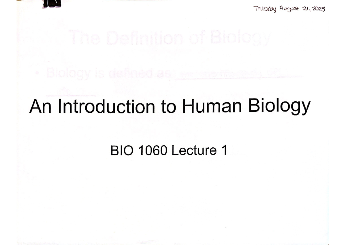 BIO 1060 Lecture 1: Introduction to Human Biology - Studocu