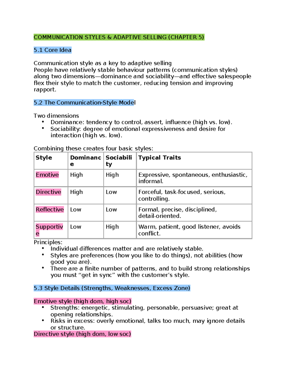 COMMUNICATION STYLES IN ADAPTIVE SELLING (CHAPTER 5) - Studocu