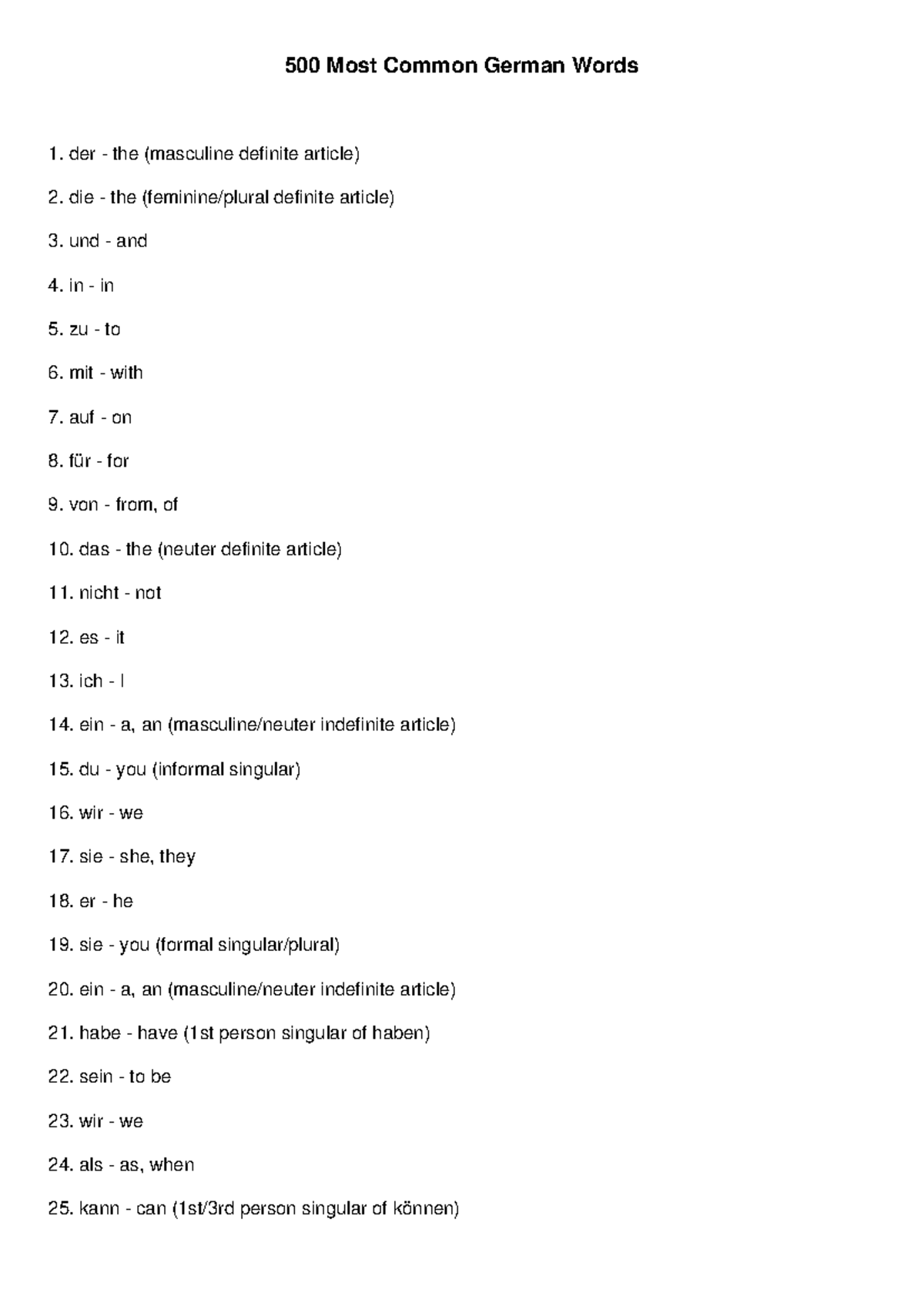 500 Most Common German Words: Essential Vocabulary List - Studocu