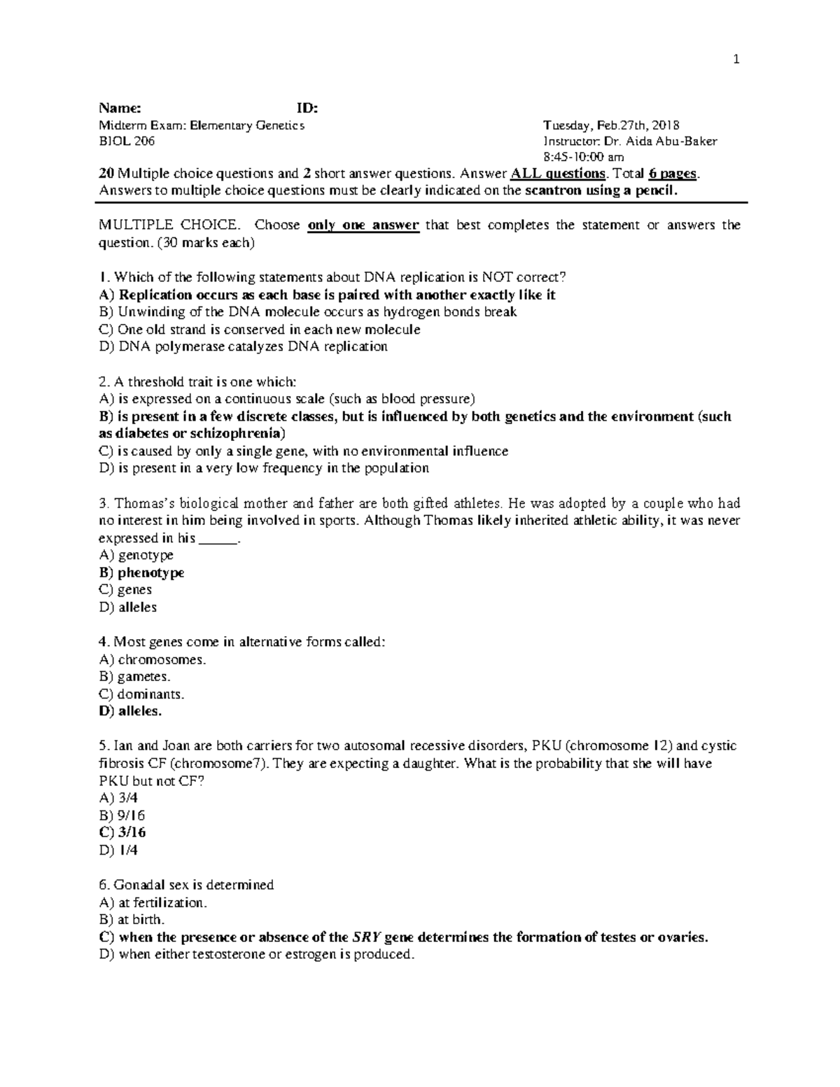 BIOL 206 Winter 2018 Midterm Exam Review: Genetics Concepts - Studocu