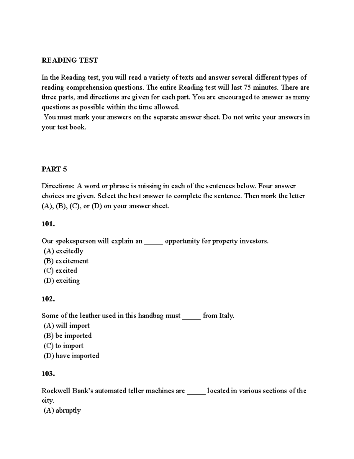 ĐỀ 2 - READING TEST: Comprehension Questions & Directions - Studocu
