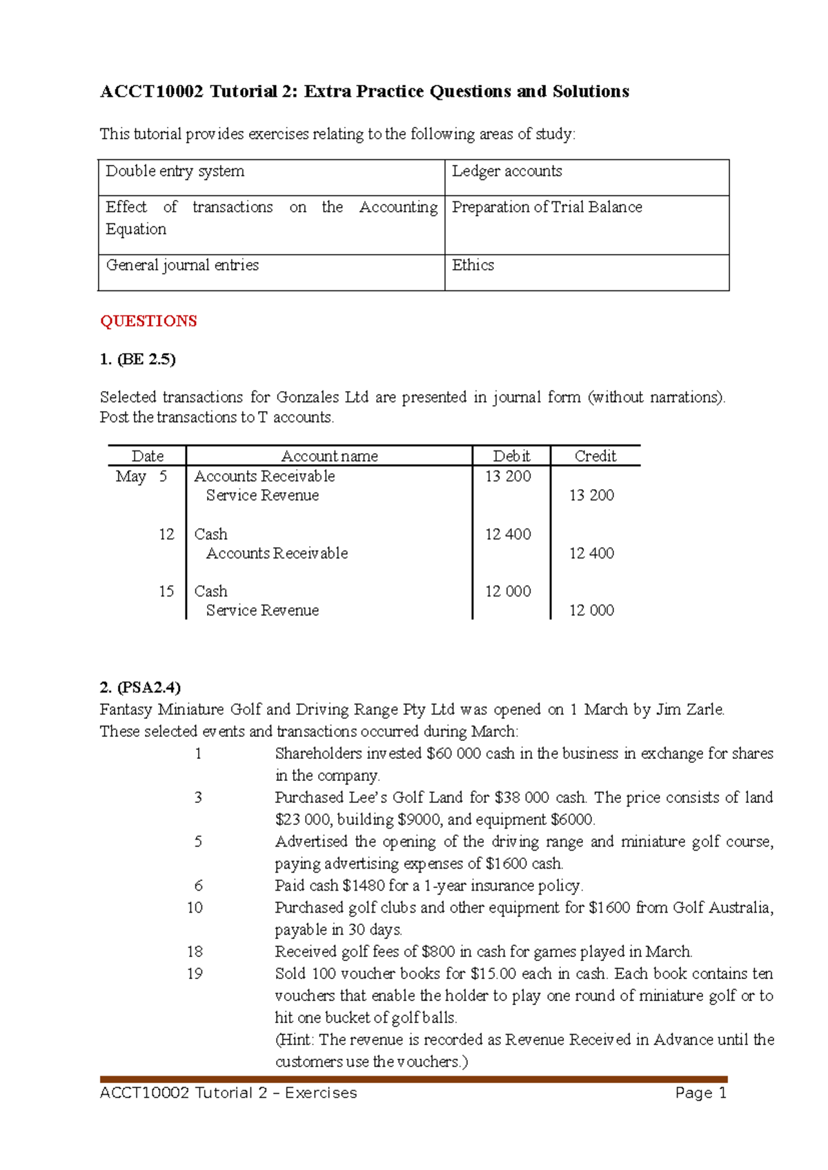 ACCT10002 Tutorial 2: Practice Qs & Solutions for Ledger & Trial ...