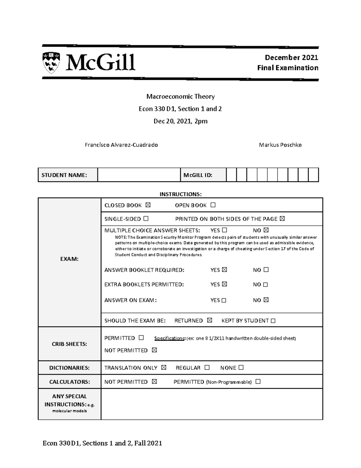Econ 330 D1 Final Exam Sample Questions and Instructions - Studocu