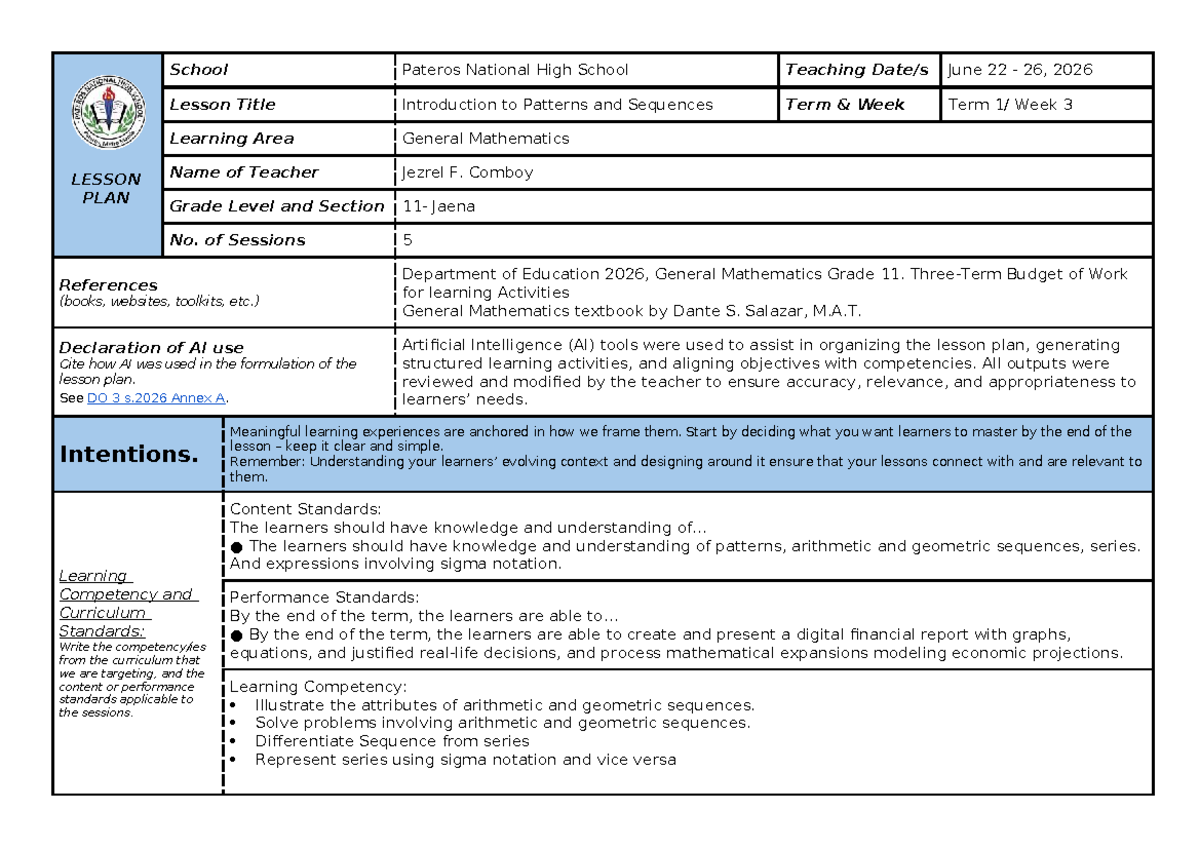 GM T1 WK3 ILAW DLL - Lesson Plan on Patterns & Sequences - Document Preview