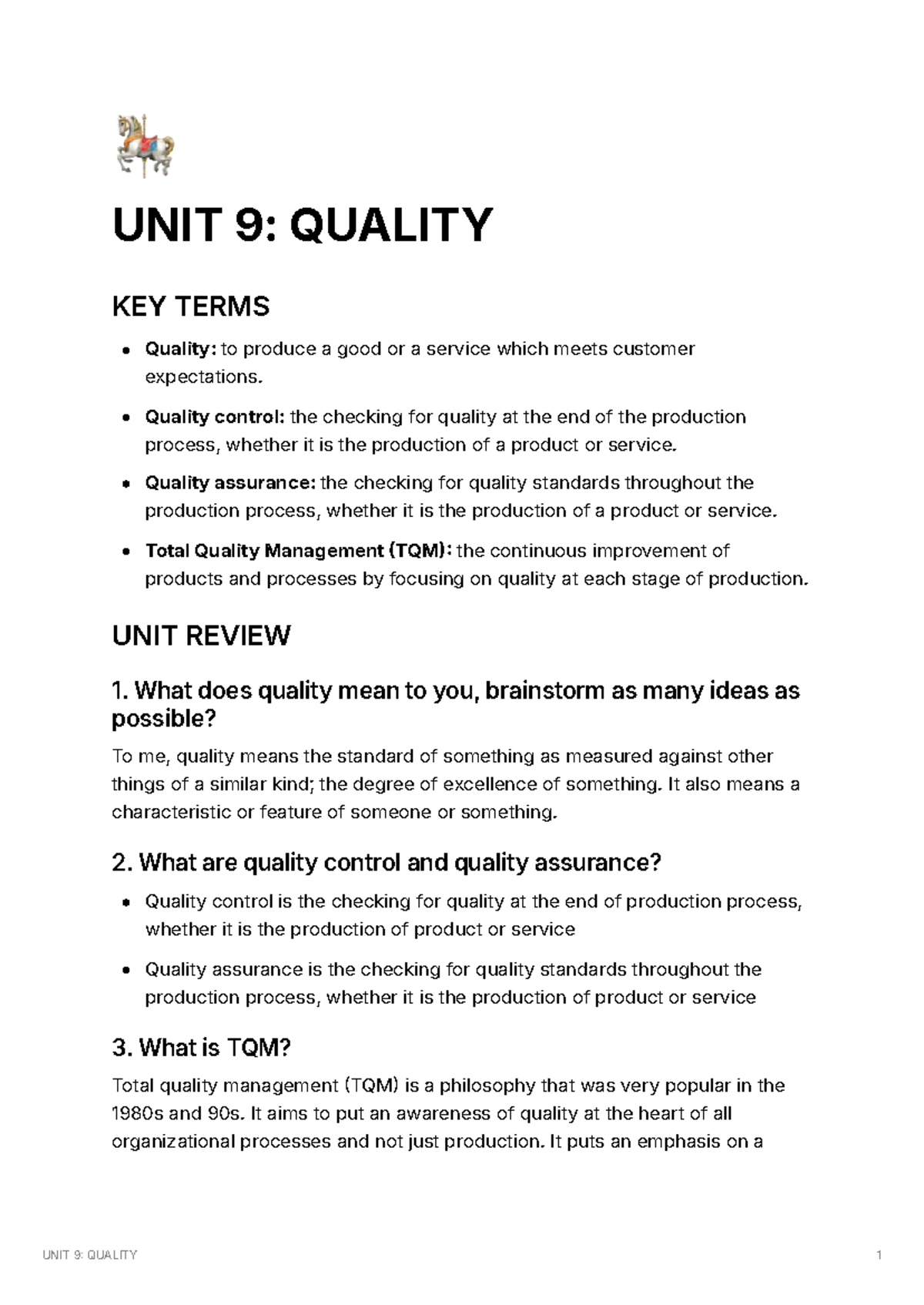 UNIT 9: QUALITY KEY TERMS & TQM OVERVIEW - Studocu
