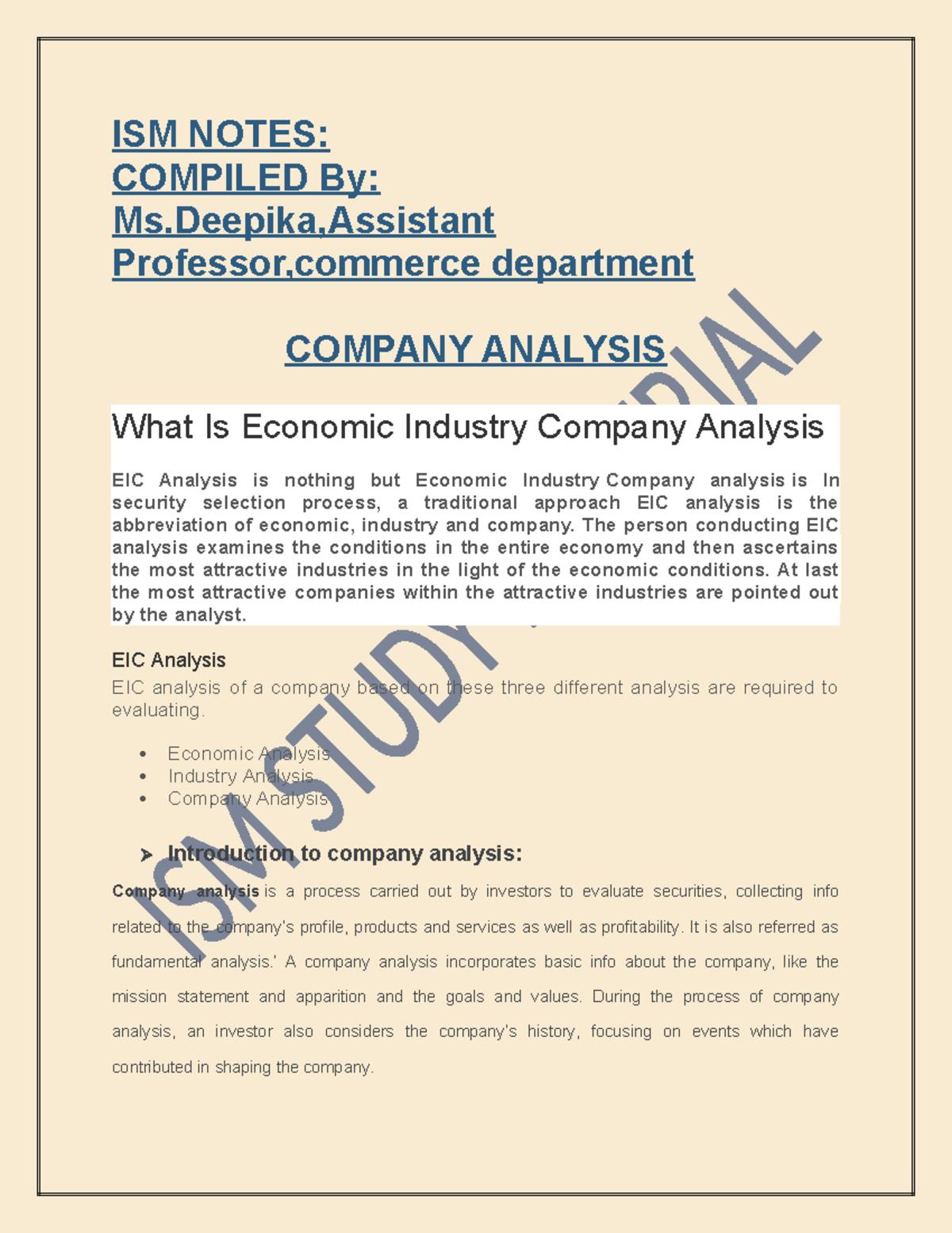 Company Analysis (EIC) Study Notes for Commerce Students - Studocu